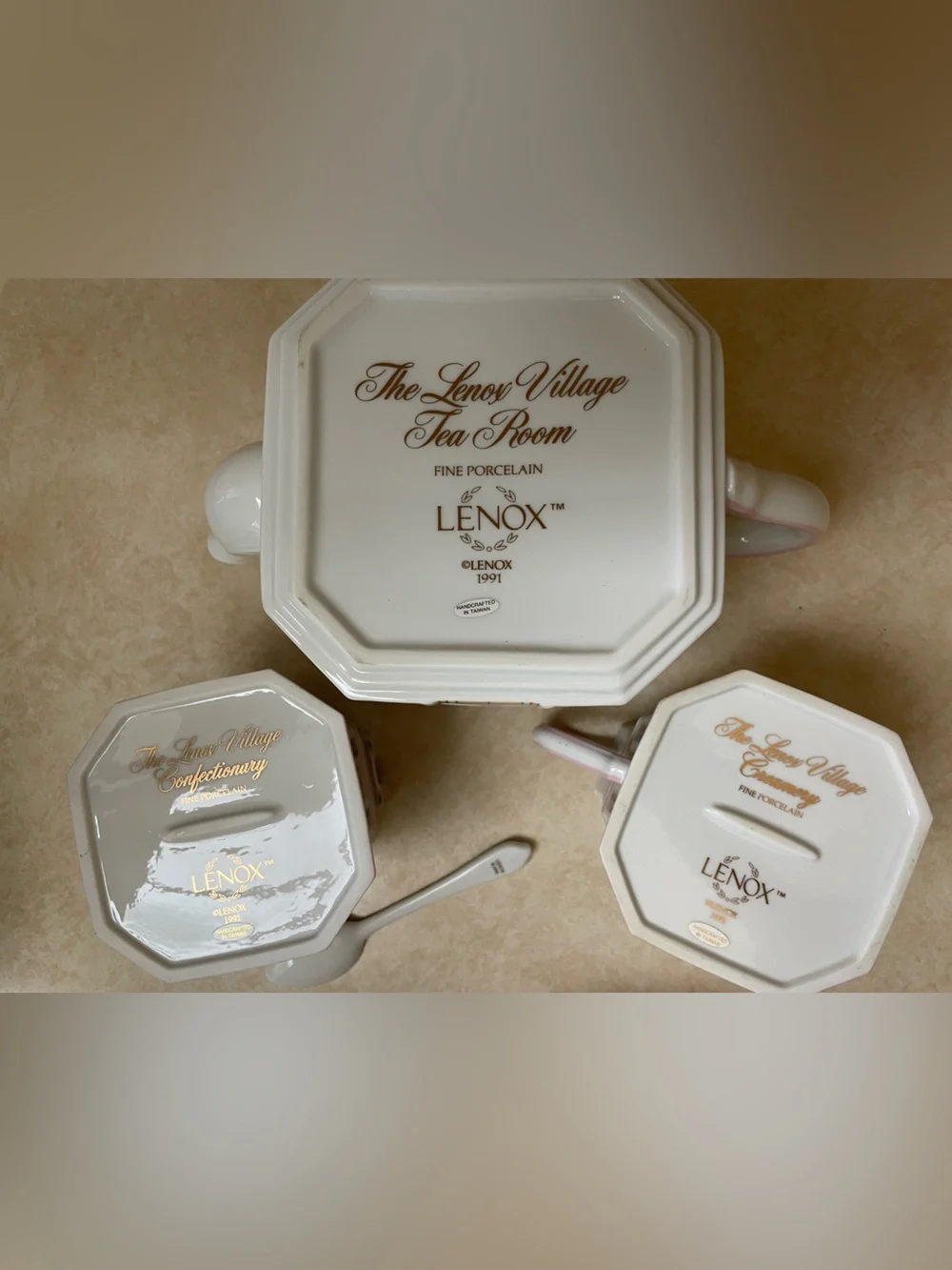 Lenox Village Tea Room 3 Pc Set  Teapot, Creamer, Sugar w/ Spoon  Vintage 1991